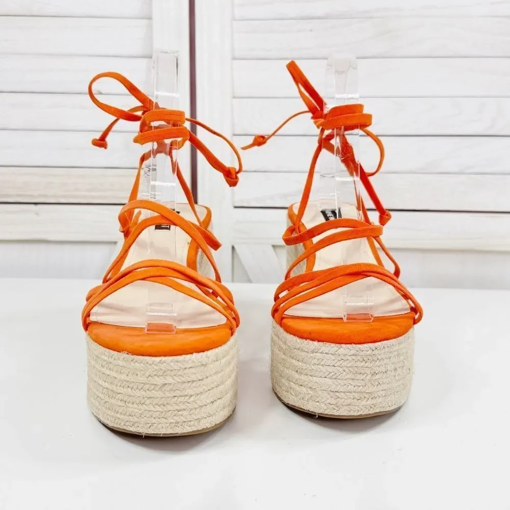 Nine West Riplee Platform Espadrille Ankle Wrap Strappy Sandals Orange 8.5